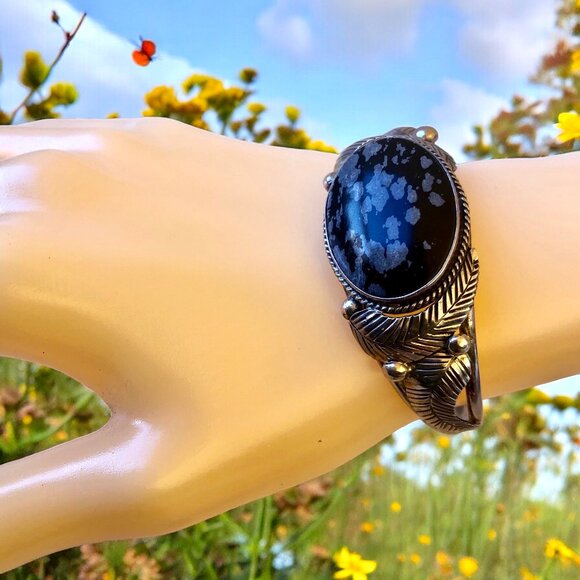 Native American Snowflake Obsidian Sterling Silver Cuff Bracelet Signed L Pina - Picture 1 of 13